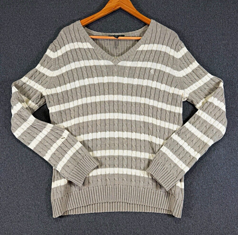 Lauren Ralph Lauren Sweater Women XL Cable Knit V Neck Gray Striped Cotton